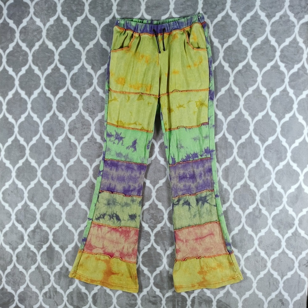Monkey Temple Pants Women Medium Green Purple Tie Dye Patchwork Boho Flare Leg